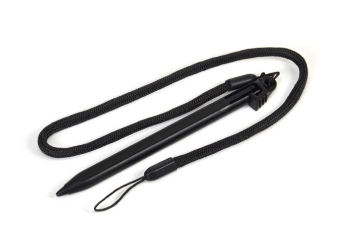 Capacitive stylus pen with hard, narrow tip and lanyard